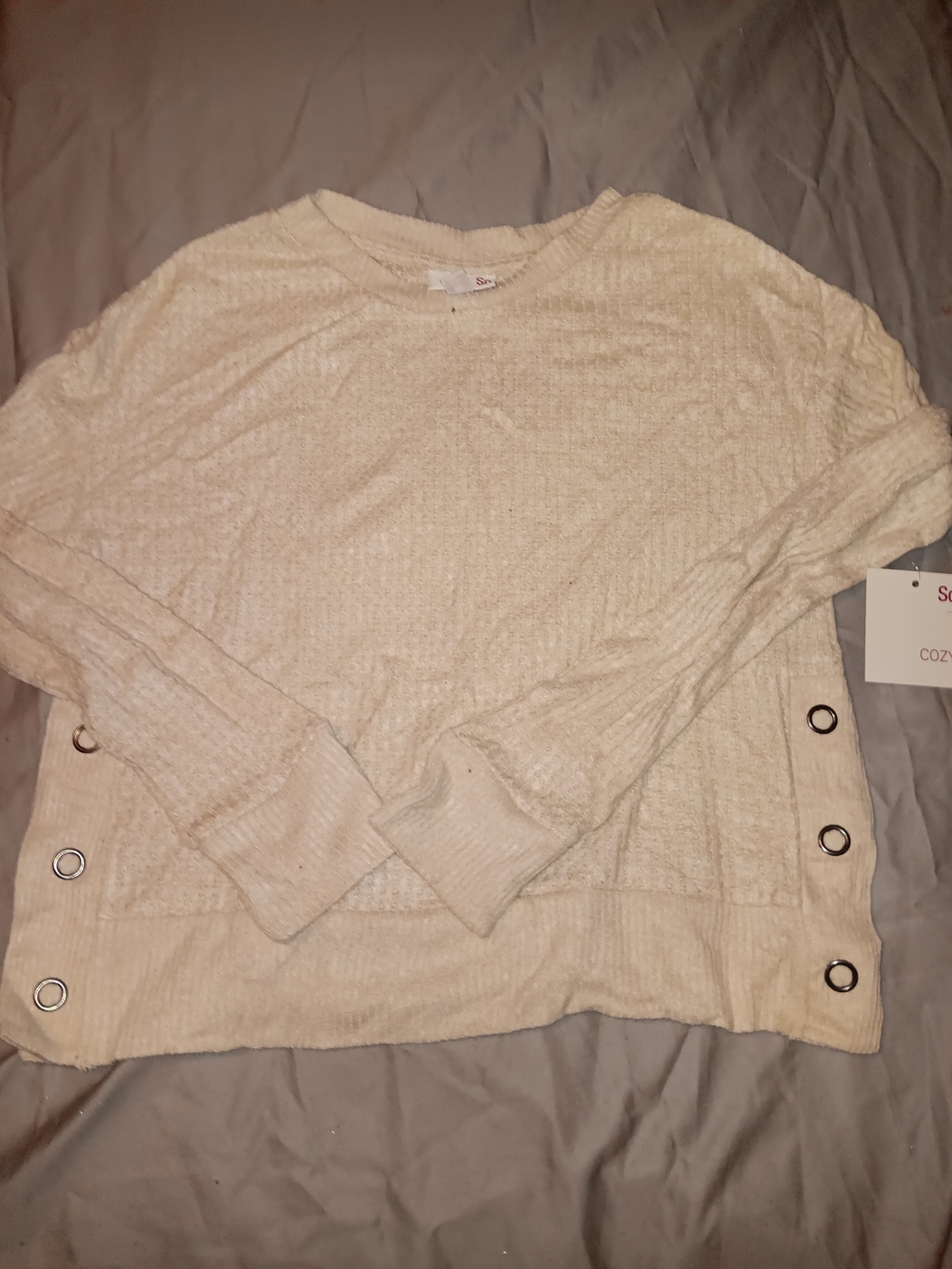 SO Cream Ribbed Lightweight Knit Crewneck Sweater